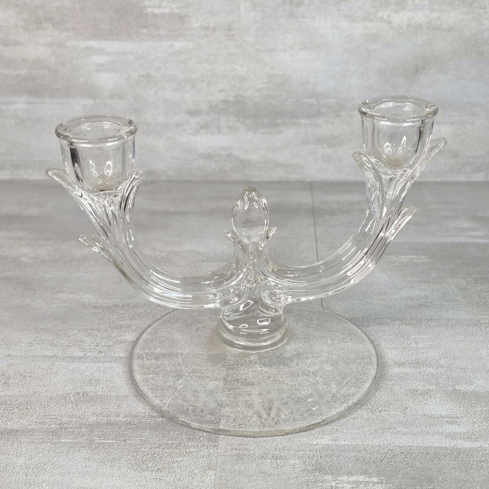 Vintage Etched Meadow Wreath Glass Double Candle Holder Martinsville 1940s